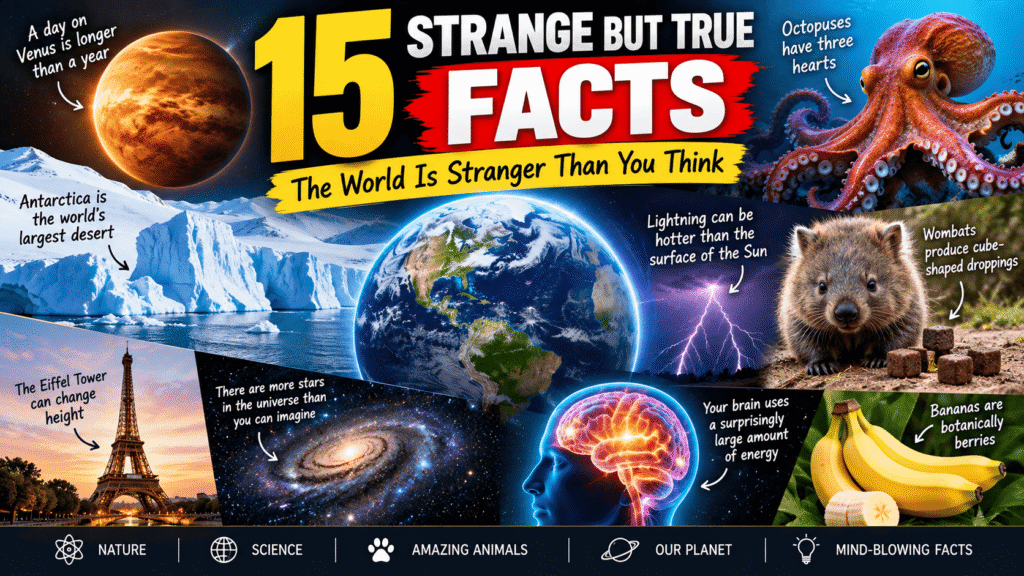 Collage representing strange but true facts about the world