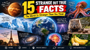 Collage representing strange but true facts about the world