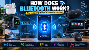 Bluetooth connecting a smartphone with wireless headphones smartwatch and other devices