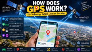 GPS satellites sending signals to a smartphone for location tracking