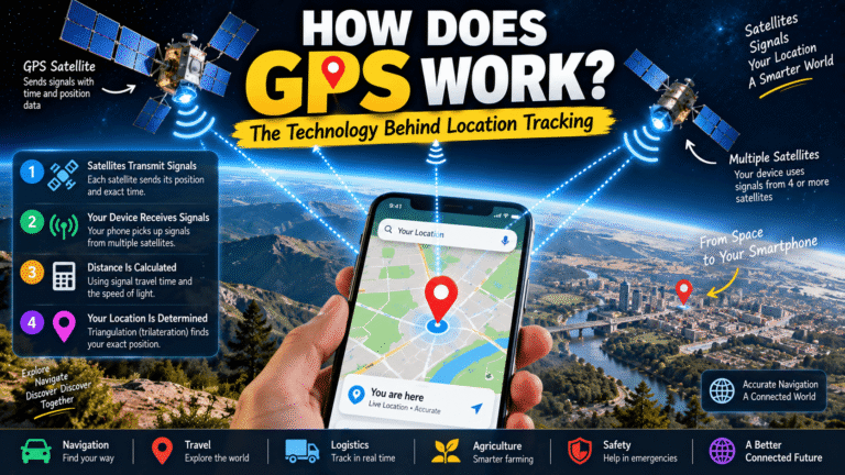 GPS satellites sending signals to a smartphone for location tracking