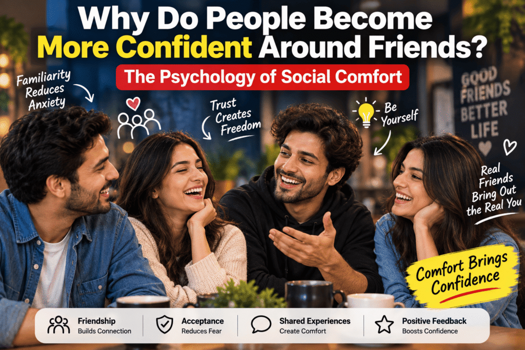 Friends talking together while one person appears more confident and relaxed