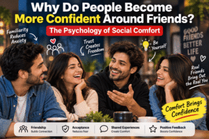 Friends talking together while one person appears more confident and relaxed