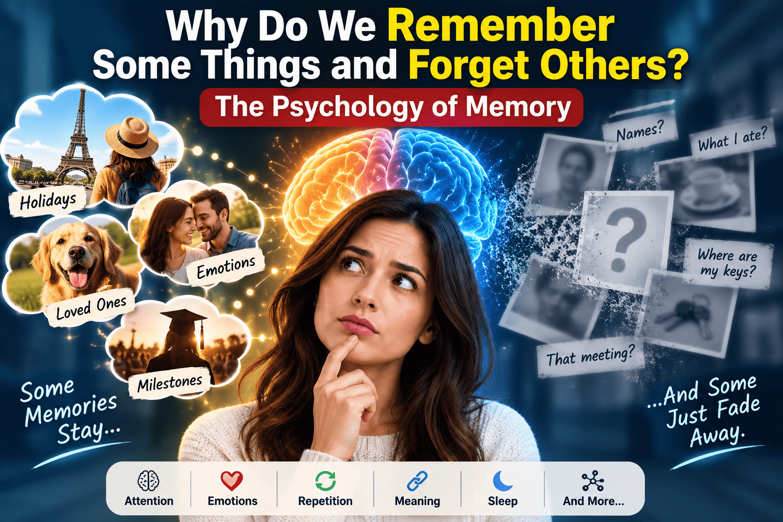 Person thinking about memories while some information fades away
